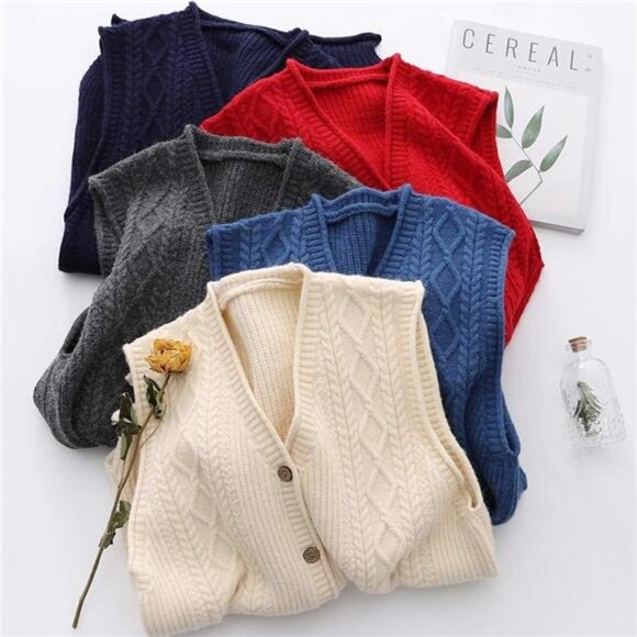 Women's Sweater Vest Sleeveless Cardigan V-Neck Button Down Beige - Picture 5 of 5